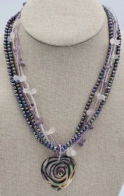 Ожерелье из черного жемчуга с аметистовыми бусинами резьба по розе абалон швабра сердце подвеска 925 - Изображение 1 из 4