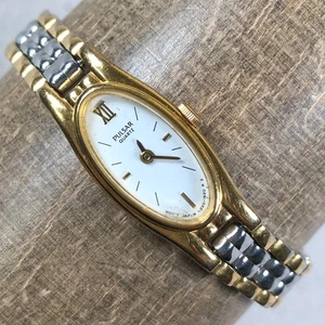 Vintage Pulsar Women V220-6190 Two Tone Oval 13mm Watch 6" *Cracked Crystal - Picture 1 of 12