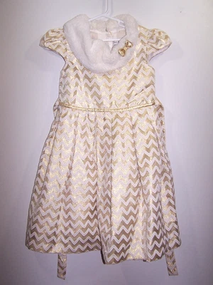 Jona Michelle White & Metallic Gold Christmas Dress, Faux Fur Collar Size 7 - Image 1 of 3