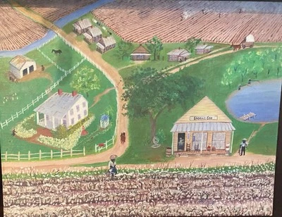 Primitive Folk Art Acrylic “A Cotton Picking Day “ Vintage Artist Linda McNeal. - Image 1 of 4