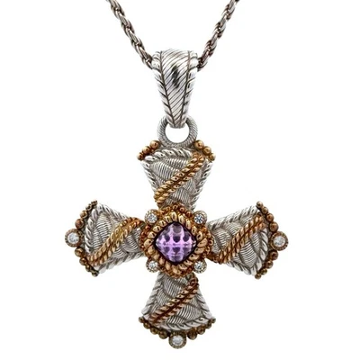 Judith Ripka 925 Sterling Silver Amethyst CZ Cross Pendant Rope Link Necklace - Image 1 of 4