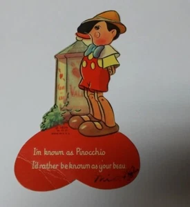 WALT DISNEY PINOCCHIO ANTIQUE VALENTINE'S DAY CARD 1939 W D P MADE IN USA - Picture 1 of 3