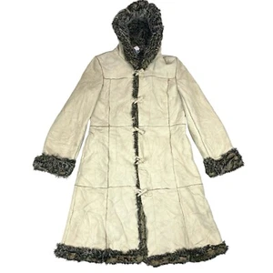 Vintage y2k beige white button up penny lane coat with grey faux fur hood - Picture 1 of 9