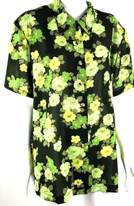 Vintage Blouse Plus Size 20 Black & Green Roses 1990s Short Sleeve Button Up - Picture 1 of 7
