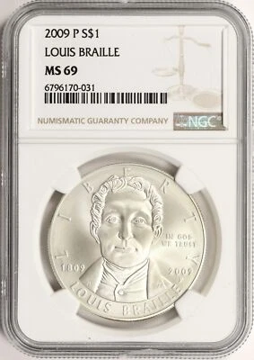 2009-P $1 Louis Braille Commemorative Silver Dollar NGC MS69 - Image 1 of 2