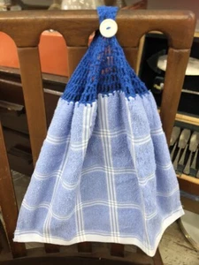 Blue Crochet Check Top Hanging Hand Towel - Double Terry Towel - Handmade - Picture 1 of 3