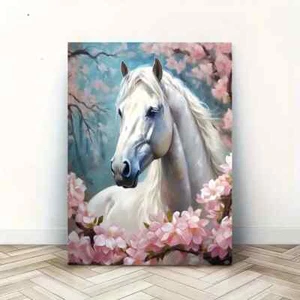 Cherry Blossom White Horse  Wall Art  Canvas Unframed/Framed - Picture 1 of 7