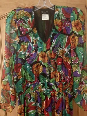 Maxi Vestido De Colección Años 70 80 Diane Freis Rojo Escarlata Púrpura Dorado Manga Acampanada Talla L Foto 1 de 4