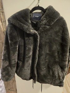Lucky Brand Faux Fur Hooded Jacket Black Plush Zip Front Cozy Soft Women’s L - Picture 1 of 14