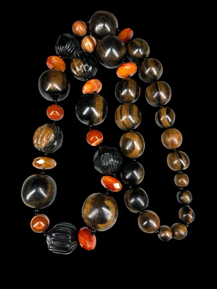 Very Fine Huge Beaded Necklace Hardwood And Carnelian Ebony? Zitan?  34” - Image 1 of 4