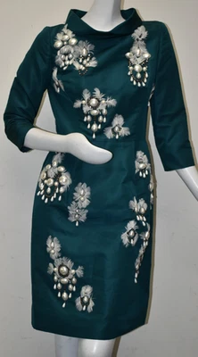 $7890 New Oscar de la Renta  Pearls Jeweled Feathers Green Cocktail  Dress 8 - Image 1 of 4