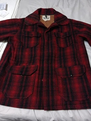vintage 60s Woolrich Hunting Jacket Men 44 Red Plaid Wool Blend Coat Mackinaw - Image 1 of 4