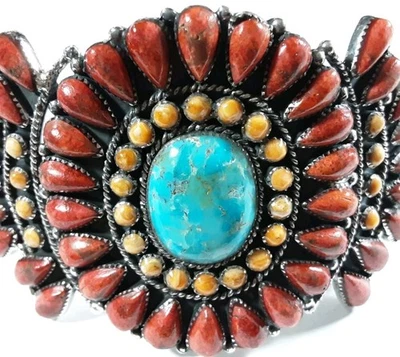 PULSEIRA 925 ESTERLINA GRANDE 67 PEDRAS CORAL OSTRA ESPINHOSA TURQUESA 5 7/8" 43,5g - Imagem 1 de 4