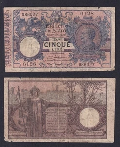 Banconota Italia 5 lire Vittorio Emanuele III° 1925 P.-23g MB+/F+ - Imagen 1 de 1