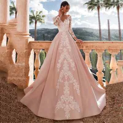 Pink Satin V-Neck A-Line Wedding Dress Long Sleeves Lace Appliques Bridal Gowns - Image 1 of 4