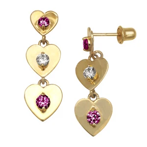 14K Yellow Gold Zircon & Ruby Heart Dangle Stud Screwback Earrings - Picture 1 of 1