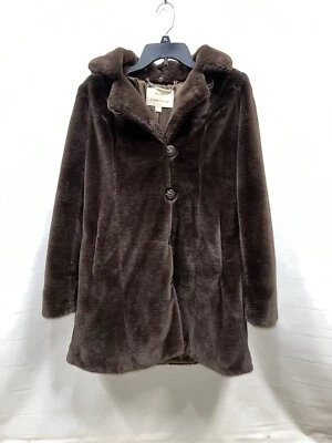 Dennis Basso 金色人造毛皮大衣女式 XXS 棕色连帽纽扣内衬口袋 — 第 1/4 张图片