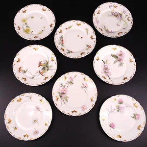 Antico set di 8 piatti da pane dipinti a mano GDA Limoges France floreale botanico - Foto 1 di 13