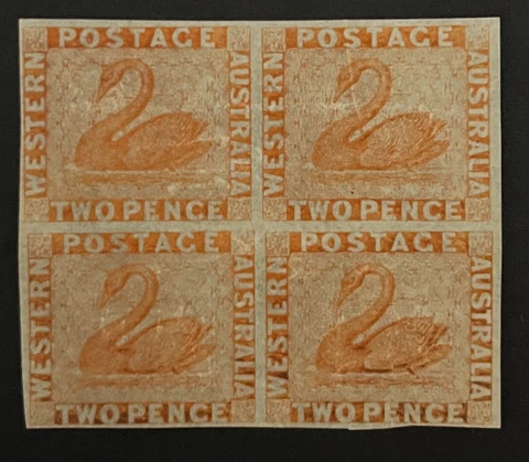 Western Australia stamps 1860 2d two pence pale orange imperf Mint Block of 4 Cover