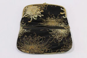 Vintage Japanese M. Yamamoto Black Embroidered Silver Foldover Clutch Purse - Picture 1 of 6