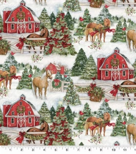 BTY Susan Winget WINTER BARN Horses Xmas Print 100% Cotton Quilt Fabric YARD - Picture 1 of 2