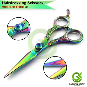 Tijeras de corte de pelo color arco iris diseño floral agarre tijeras de peluquero - Imagen 1 de 3