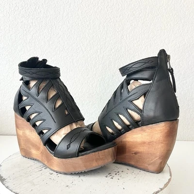 Lane Boots BECCA Womens Black Wedges 7.5 Western Sandals Cowgirl Leather Heels - Image 1 of 4