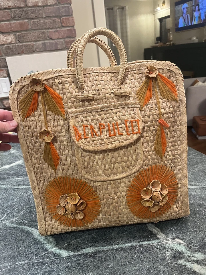 "Bolso de Mano Acapulco Rafia Vintage Años 70 Tejido Paja Playa Viaje 14""x14""x5""" Foto 1 de 4