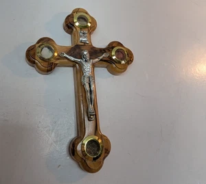 Holzkruzifix mit 4 Andenken aus dem Heiligen Land in Glas mit 14 Stationen 5,5 cm - Bild 1 von 8