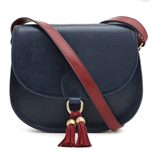 ECOSUSI Navy Blue and Deep Red Vegan Leather Saddle Crossbody Bag - Picture 1 of 11