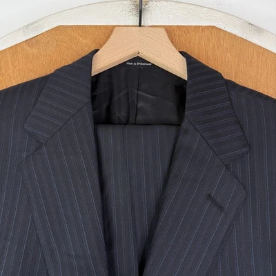 Ermengildo Zegna Suit Mens 46L Black Pinstripe 2 Button Trofeo Wool Canvas Italy - Image 1 of 4