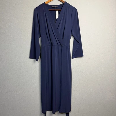 Lane Bryant Navy Blue Faux Wrap Midi Dress Tie Waist V Neck L/SL Wedding Formal - Image 1 of 4
