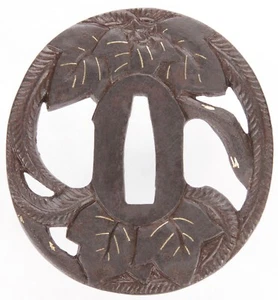 Antique Japanese Iron Tsuba Carved Leaves Samurai Sword Guard Japan Koshirae Old - Picture 1 of 15