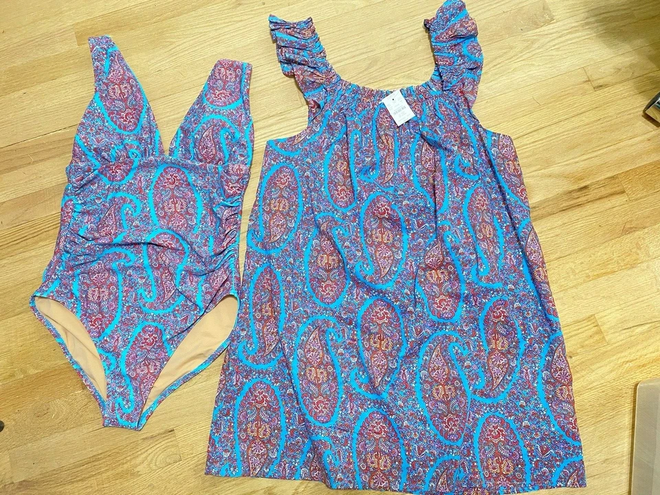 J.CREW бирюзовый пейсли v-образным вырезом собранными в Рюш цельный купальник + прикрыть платье размер L новый - Изображение 1 из 4