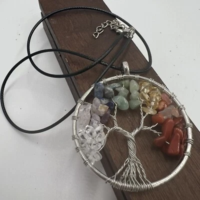 Natural Gemstone Tree Of Life Necklace Chakra Healing Wire Wrap Handmade Vegan - Image 1 of 4