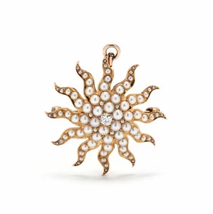 Antique 14Y OEC Diamond & Seed Pearl Sunburst Brooch/Pendant - Picture 1 of 4