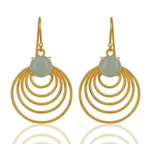 Aqua Chalcedony Joint Open Circle Earrings Women Gold Plated Geometrics Jewelry - Picture 1 of 5