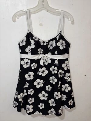 Terno de banho feminino parques da Disney L preto branco hibisco floral saia de uma peça - Imagem 1 de 4