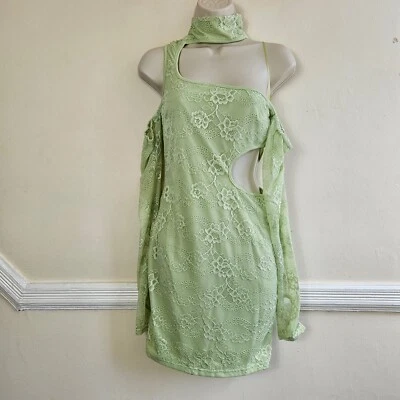 Naanaa Green Floral Lace Off Shoulder Bodycon Cutout Party Mini Dress Size 10UK - Image 1 of 4
