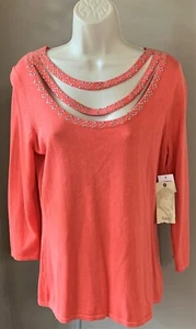 REBA Spring Lace Coral SWEATER TOP M NEW Studs Crystals MEDIUM NWT $88 - Picture 1 of 2