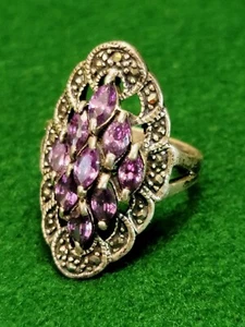 Vintage Art Deco Amethyst & Marcasite 925 Sterling Silver Cluster Ring Size 8 - Picture 1 of 20