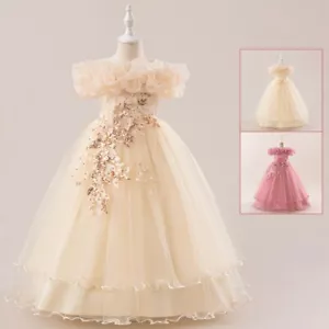 Kids Girls Pearl Lace Bridesmaid Princess Long Dress Party Fancy Wedding Dresses - Picture 1 of 92