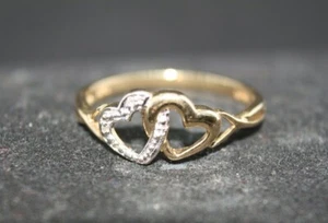 100% 9k Solid Yellow Gold Diamonds Two Love Hearts Signet Ring Sz 7.25 or O  - Picture 1 of 10