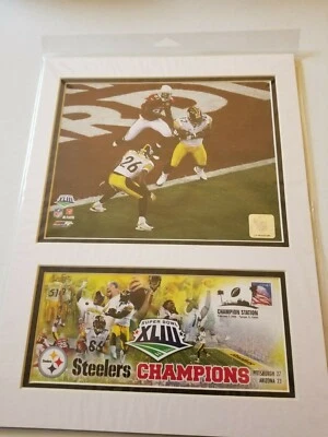 FOTO ENMARAÑADA DE LOS CAMPEONES DEL SUPERBOWL XLIII DE LOS PITTSBURGH STEELERS + SELLO DE ESPECIFICACIONES CANC Foto 1 de 4
