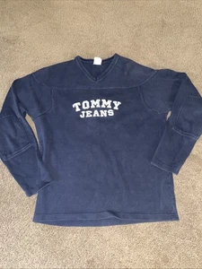 Tommy Jeans Long Sleeve V Neck Ribbed Shirt Mens Size Large Blue Embroidered Vtg - Picture 1 of 13