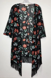 Ember Black Floral Sheer Kimono Cardigan Duster Fringe Large Cottage Boho Beach - Picture 1 of 7