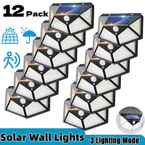 100 LED Solar Wall Lights Outdoor 4 Sides Luminous Motion Sensor IP65 Waterproof - Picture 1 of 13