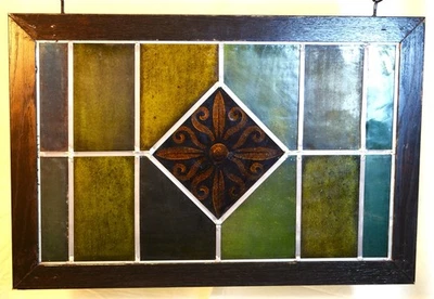 Reclaimed & restored antique stained glass window. Yellow flower centerpiece! - Image 1 of 2