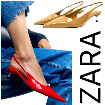 (O) Zara, Mujer Tacón Bajo Metálico con Puntera Punta y Cabestrillo,Talla 39/8 USA Foto 1 de 4
