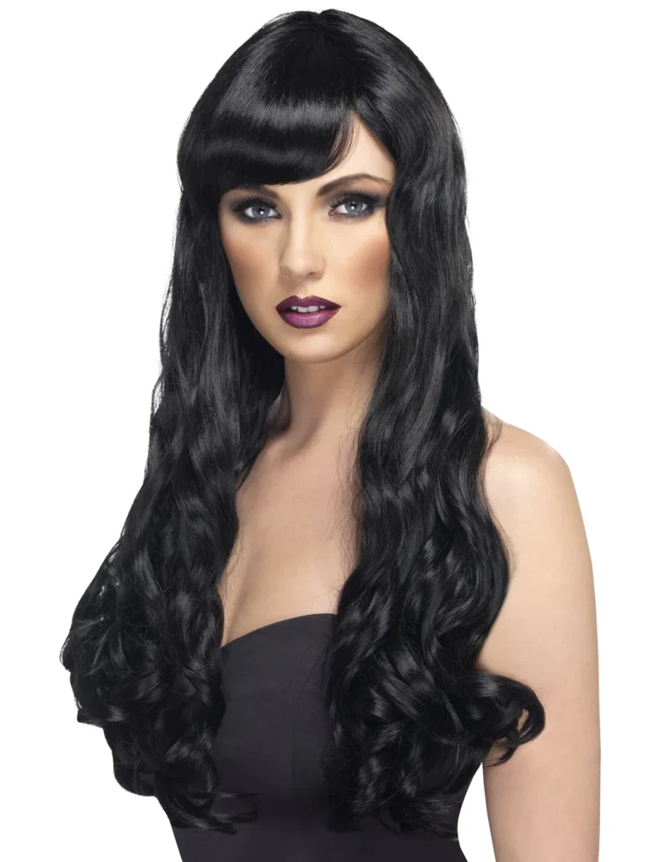 Lang Schwarz Locken Perücke Damen Desire Glamour Kostüm Zubehör - Bild 1 von 1